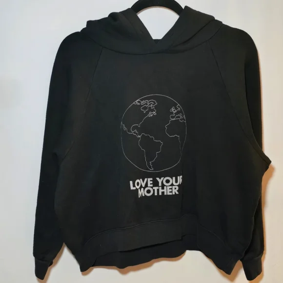 Reformation Cropped Black Hooded Sweatshirt Love Your Mother Earth, sz XL